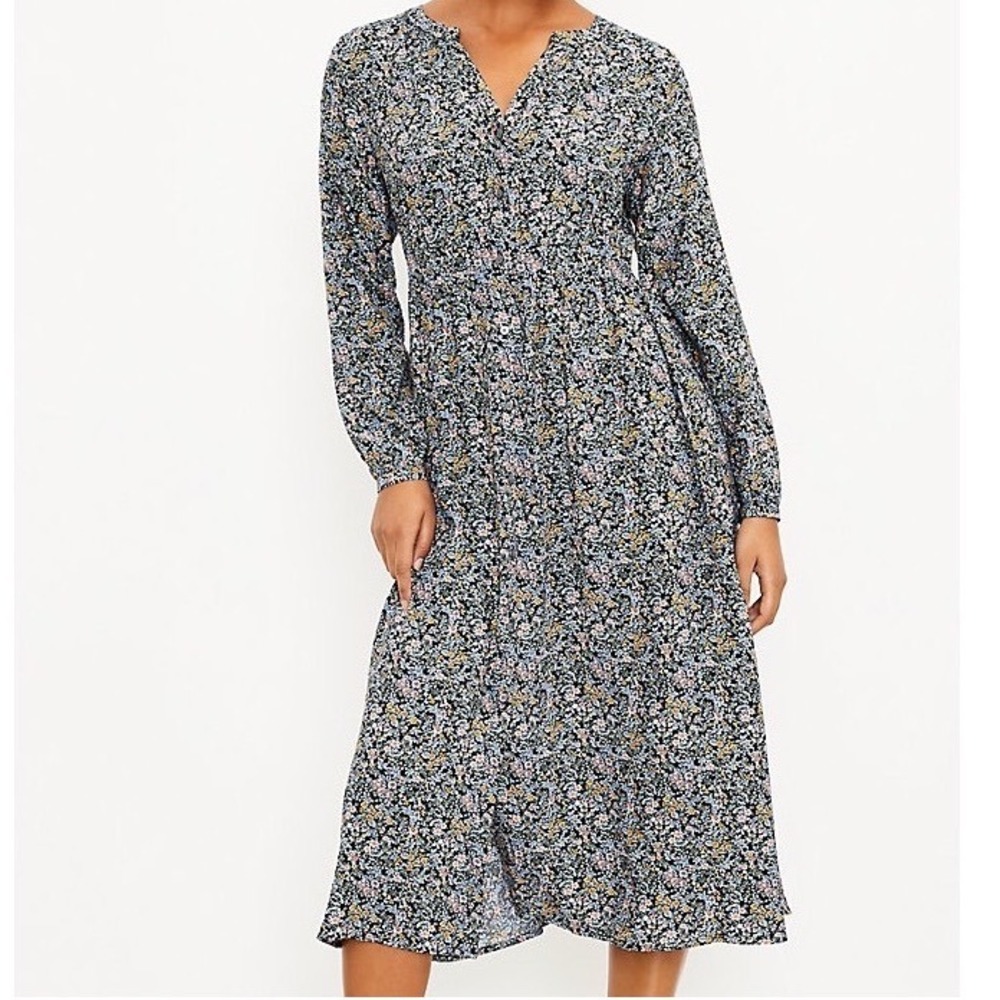 Loft Floral Button Front Midi Dress Women's 6 Long Sleeve Cottagecore Garden